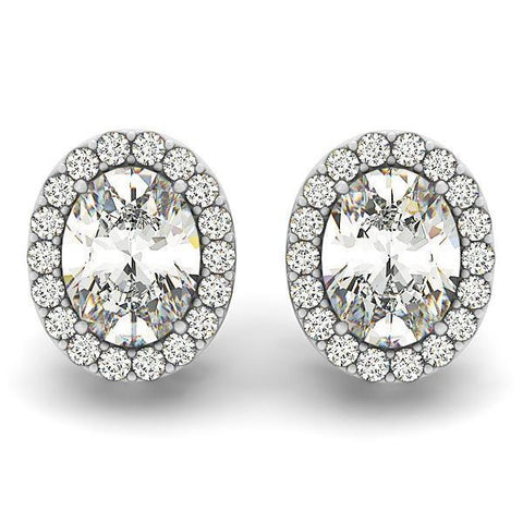 Oval And Round Halo Diamond Stud Earring  Solid White Gold  Halo Stud Earrings