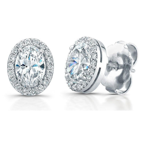 Oval And Round Halo Diamond Stud Earrings  White Gold 