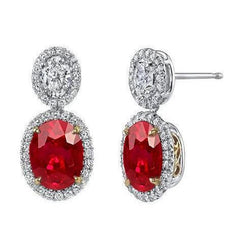 Oval And Round Ruby With Diamonds 14 Ct. Studs Earrings Gold 14K