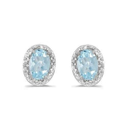 Oval Aquamarine With Natural Earth Mined Diamonds 6 Ct Studs Earrings White Gold 14K