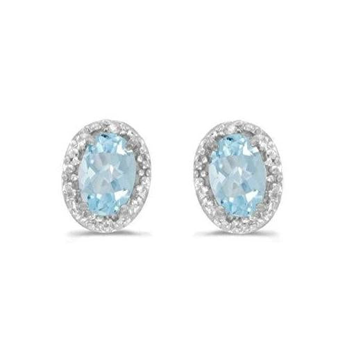 Oval Aquamarine With Diamonds   Studs Earrings White Gold   Gemstone Earring