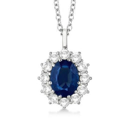Oval Blue Sapphire With Diamonds Pendant Necklace 2.70 Ct White Gold