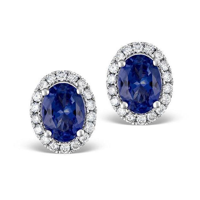 Oval Ceylon Sapphire Diamond Stud Earring White Gold 14K 5.40 Ct. Gemstone Earring