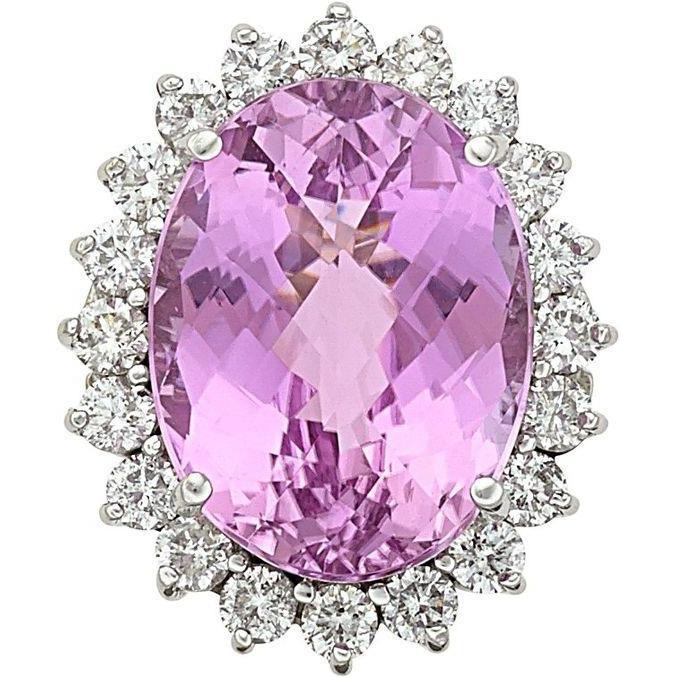 Oval Cut Pink Natural Kunzite With Diamond Wedding Ring White Gold 14K Gemstone Ring