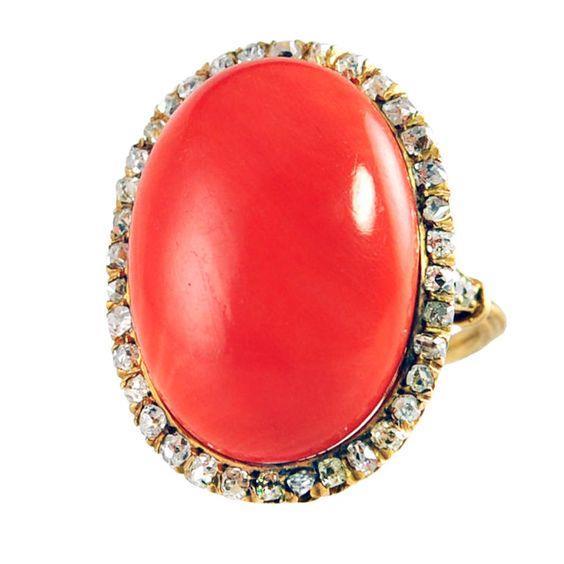 New High Quality Oval Cut Red Coral And Round Diamonds  Ring Yellow Gold  Gemstone Ring