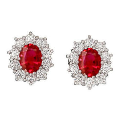 Oval Cut Red Ruby With Round Diamond Stud Halo Earring Gold 3.50 Ct