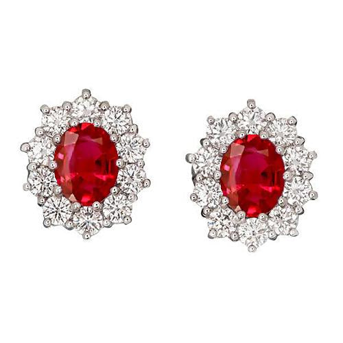 Ladies Brilliant Sparkling  Oval Cut Red Ruby With Round Diamond Stud Halo Earring Gold  Gemstone Earring
