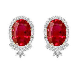 Red Oval Ruby With Small Diamond Halo 14.70 Ct. Stud Earrings WG 14K