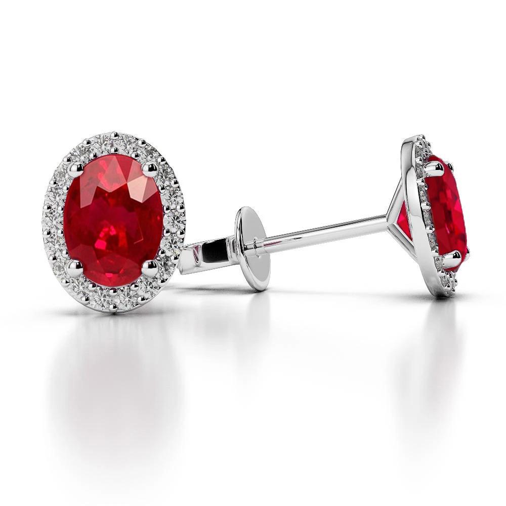 Oval Cut Ruby With Diamond Cluster   Earrings White Gold  Gemstone Earring