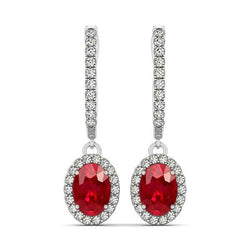 Oval Cut Ruby With Round Natural Earth Mined Diamonds 7.50 Ct Dangle Earrings Gold 14K