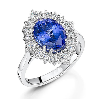 Elegant Woman's Oval Cut Tanzanite With Round Diamonds   Ring White Gold  Gemstone Ring