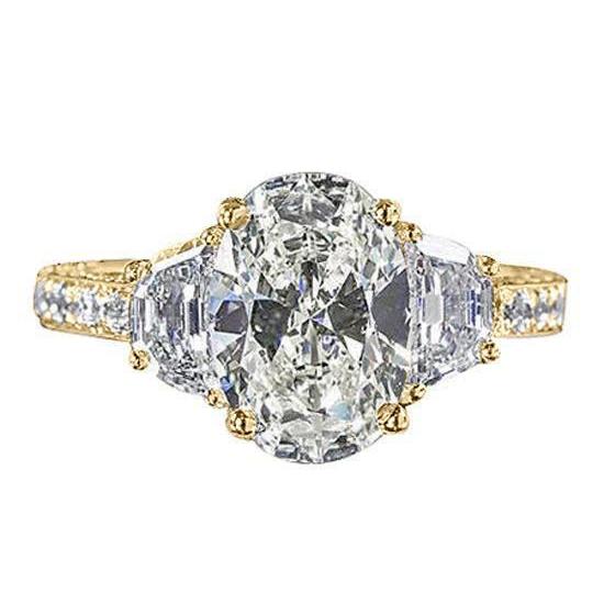 Oval Diamond Engagement Ring 3 Stone Style Yellow Gold 4.51 Carats Three Stone Ring