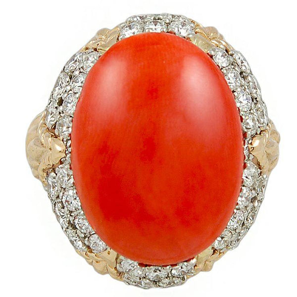 Oval Red Coral With Diamonds  New Ladies  Wedding    Yellow Gold  Gemstone Ring