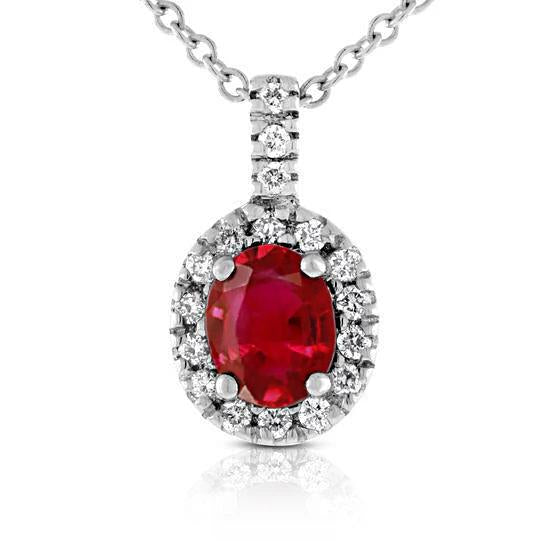 Oval Ruby With Round Cut Diamonds Pendant Necklace White Gold 14K 4.75 Carats Gemstone Pendant