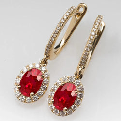 Oval Ruby & Round Diamond 9.50 Carats Dangle Earrings Yellow Gold 14K