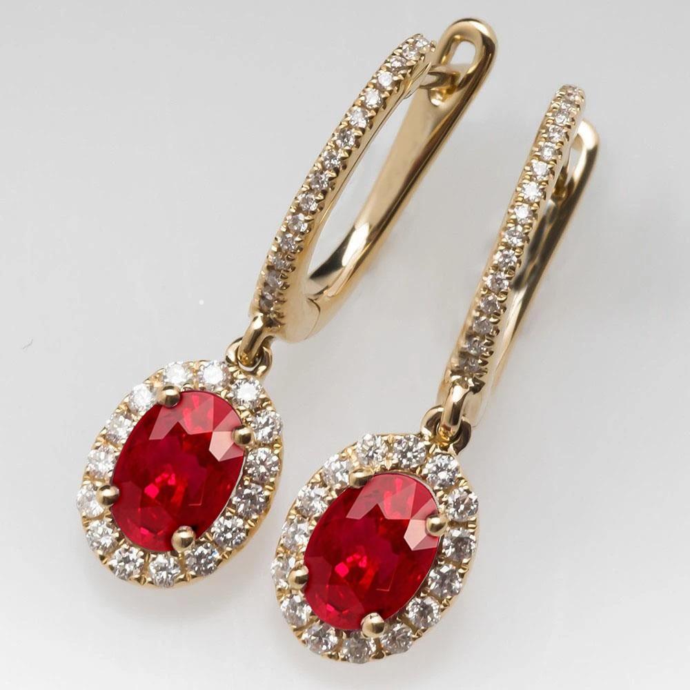 Oval Ruby With Round Diamonds   Women Jewelry S  Dangle Earrings Yellow Gold   Gemstone Earring