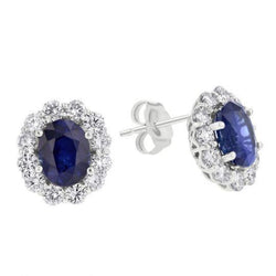 Oval Sapphire With Natural Earth Mined Diamonds 5.70 Ct. Studs Earrings White Gold