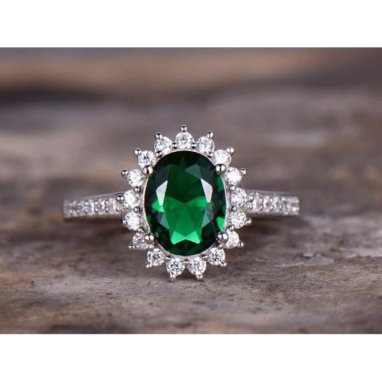 Fancy Womans Oval Shape Green Emerald And Diamond Ring White Gold  Gemstone Ring