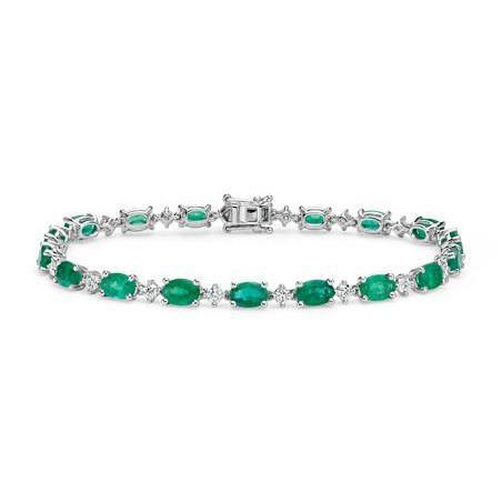 Oval Shape Green Emerald And Round Diamond Tennis Bracelet White Gold Gemstone Bracelet