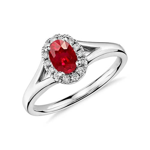Oval Shape Red Ruby Diamond Ring White Gold 14K Gemstone Ring