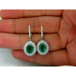 Oval Shaped Green Emerald With Diamond Dangle Earring 5.04 Carats