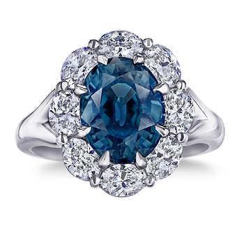 Ladies Oval Sri Lanka Blue Sapphire  Round Halo Diamond Wedding  White Gold   Gemstone Ring