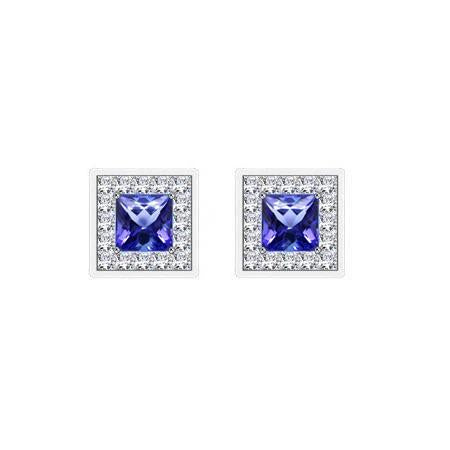  Diamond Halo Ceylon Blue Sapphire   High Quality Fancy Sparkling  Studs Earring White Gold