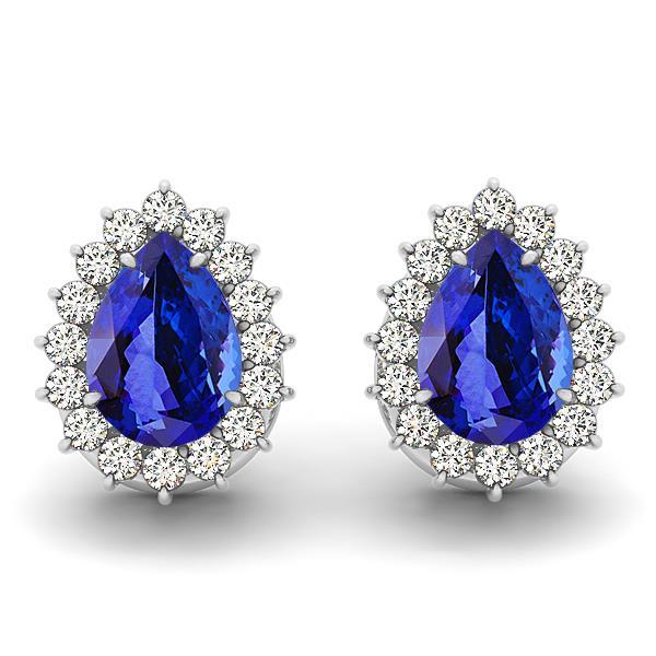 Pave Halo Pear Cut Tanzanite With Round Diamonds 6.5 Ct Studs Earrings Gold Gemstone Earring