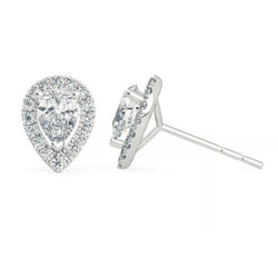 Pear And Round Cut Halo 2.85 Ct Diamonds Studs Earrings White Gold