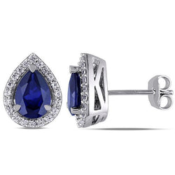 Pear Ceylon Blue Sapphire Diamonds 3.45 Ct Studs Earring White Gold 14K