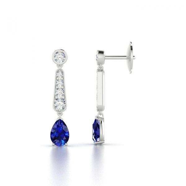 Pear Cut Blue Ceylon Sapphire With Diamond Lady Dangle   White Gold  Gemstone Earring
