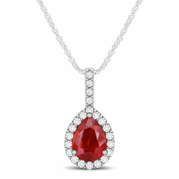 Pear Cut Red Ruby And Diamond 14K White Gold Women Pendant Jewelry Gemstone Pendant
