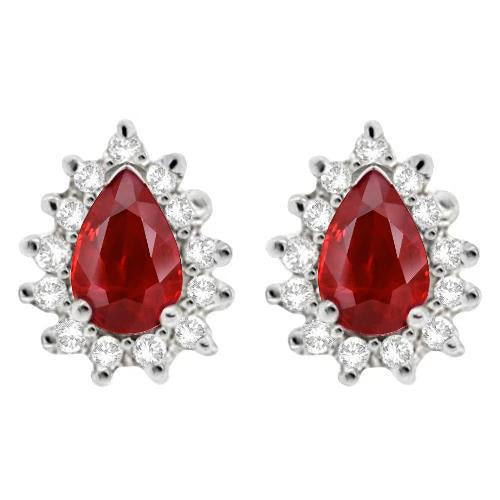 Pear Cut Red Ruby Gemstone With Diamond Halo Stud Earring Gold 14K Gemstone Earring