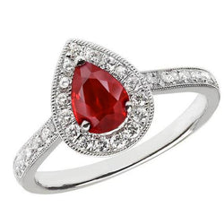 Pear Cut Ruby & Round Natural Earth Mined Diamond 3 Carats Wedding Ring Gold White 14K