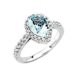 Pear Shape Aquamarine And Natural Earth Mined Diamonds 14 Ct Wedding Ring White Gold 14K