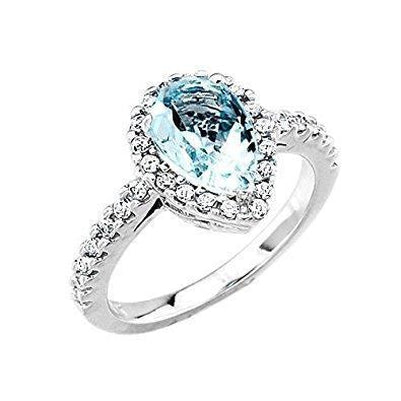 Half bazel fancy  Pear Shape Aquamarine And Diamonds 14 Ct Wedding Ring White Gold  Gemstone Ring