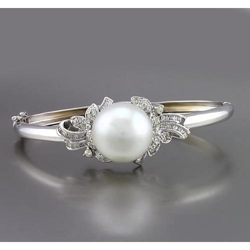 New Stylish Best  Pearl And Diamond Bangle     Baguette Round White Gold