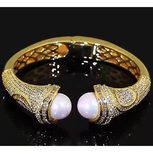 Pearl Diamond Bangle 10 Mm 5 Carats Women Yellow Gold 14K Bangle