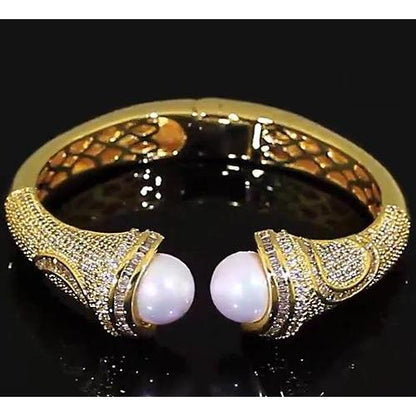 Pearl Diamond Bangle 10 Mm 5 Carats Women Yellow Gold 14K Bangle