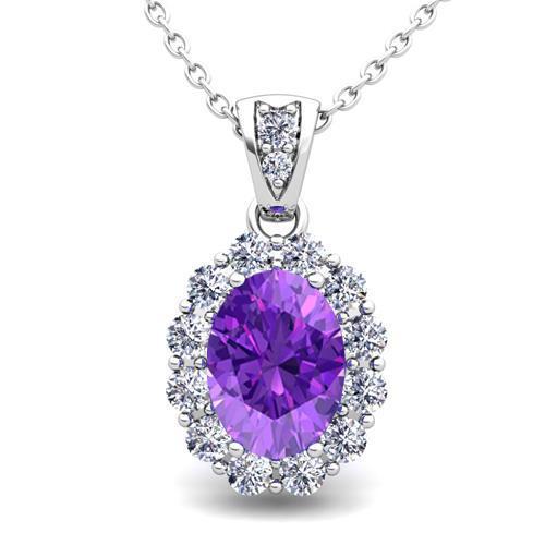 Pendant Necklace 10.75 Ct. White Gold 14K Prong Set Amethyst And Diamonds Pendant