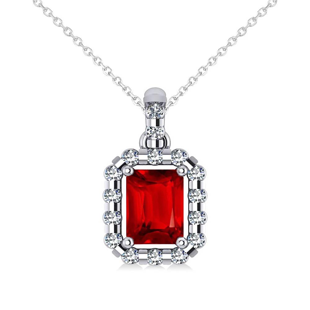 Pendant Necklace 14K Emerald Cut Ruby With Round Diamonds 5.60 Ct Gemstone Pendant