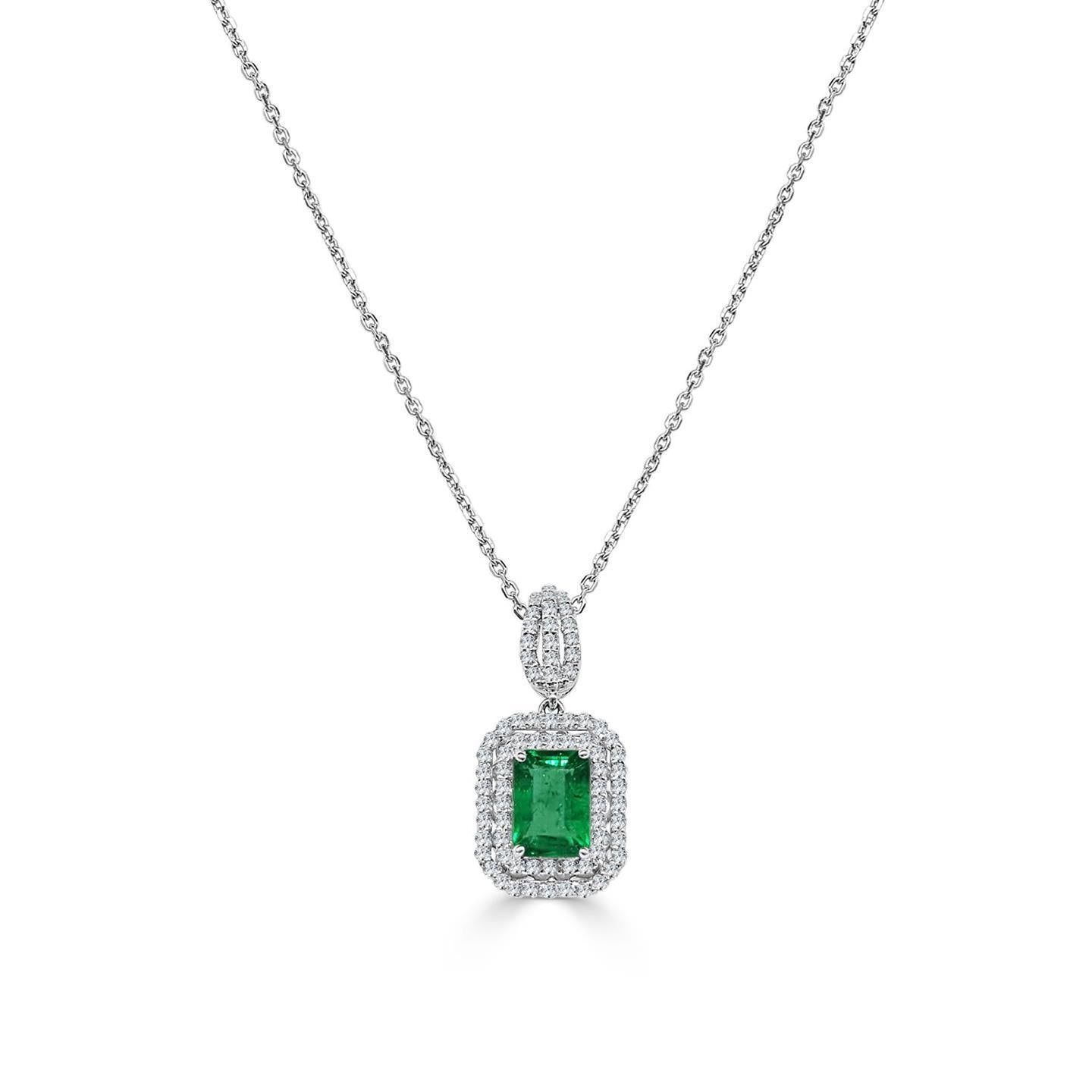 Pendant Necklace 6.35 Carats Prong Set Colombian Emerald And Diamonds White Gold 14K Pendant