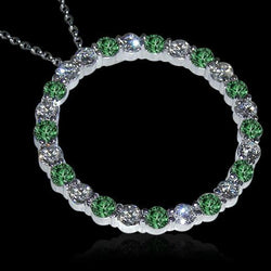 Green And White Diamond Circle Pendant Necklace 8.75 Carats