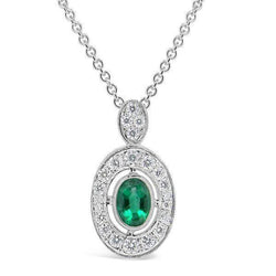 Green Emerald & Diamond Gemstone Pendant Necklace 3.60 Carat WG 14K