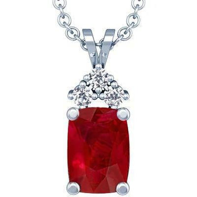 Pendant Necklace With Chain 14.25 Carats Prong Set Ruby And Diamonds White Gold 14K Gemstone Pendant
