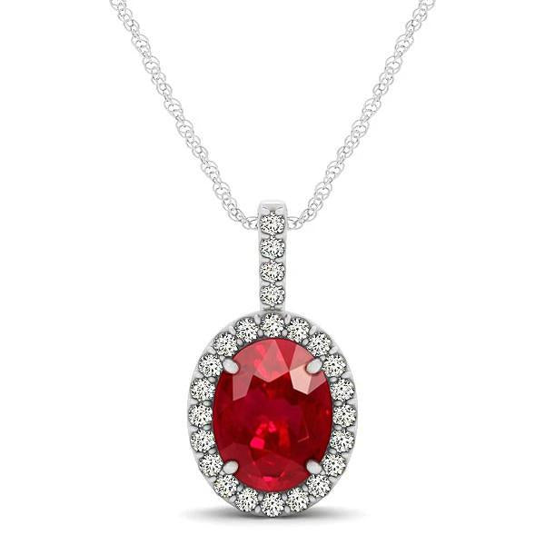 Pendant Necklace With Chain 4.50 Carats Ruby And Diamonds White Gold 14K Gemstone Pendant