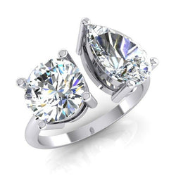 Real  Toi et Moi Two Stone Round & Pear Diamond Ring 4 Carats White Gold 14K