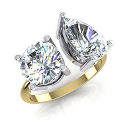 Real  Toi et Moi Pear & Round Diamond Ring 4 Carat Two Tone Gold 14K Jewelry