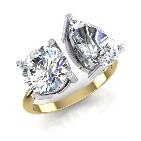 Toi et Moi Pear & Round Diamond Ring 4 Carat Two Tone Gold 14K Jewelry