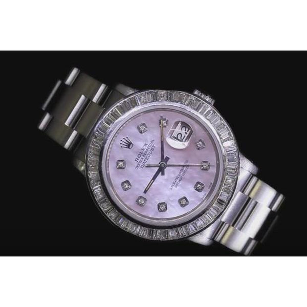 Pink Custom Diamond Dial Datejust Rolex Watch Ss 5 Carat Baguette Rolex